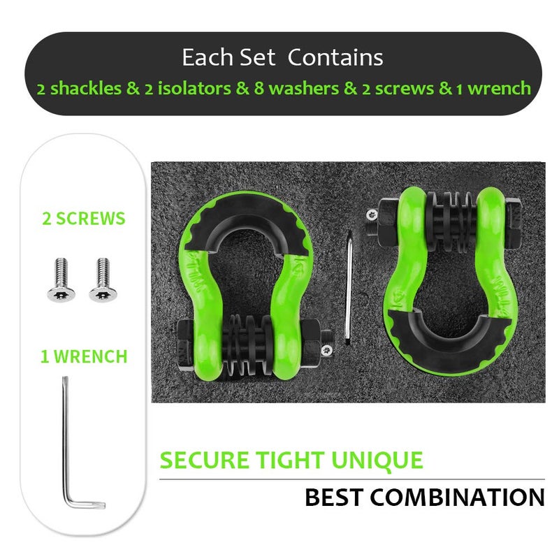 AMBULL Shackles 3/4" D Ring Shackle (2 Pack) 45,000lb Break Strength with 7/8" Pin, Anti Theft Security Screws, Isolator & Washer Kits for Use with Tow Strap Winch Truck Vehicle Recovery, Green - Image 3